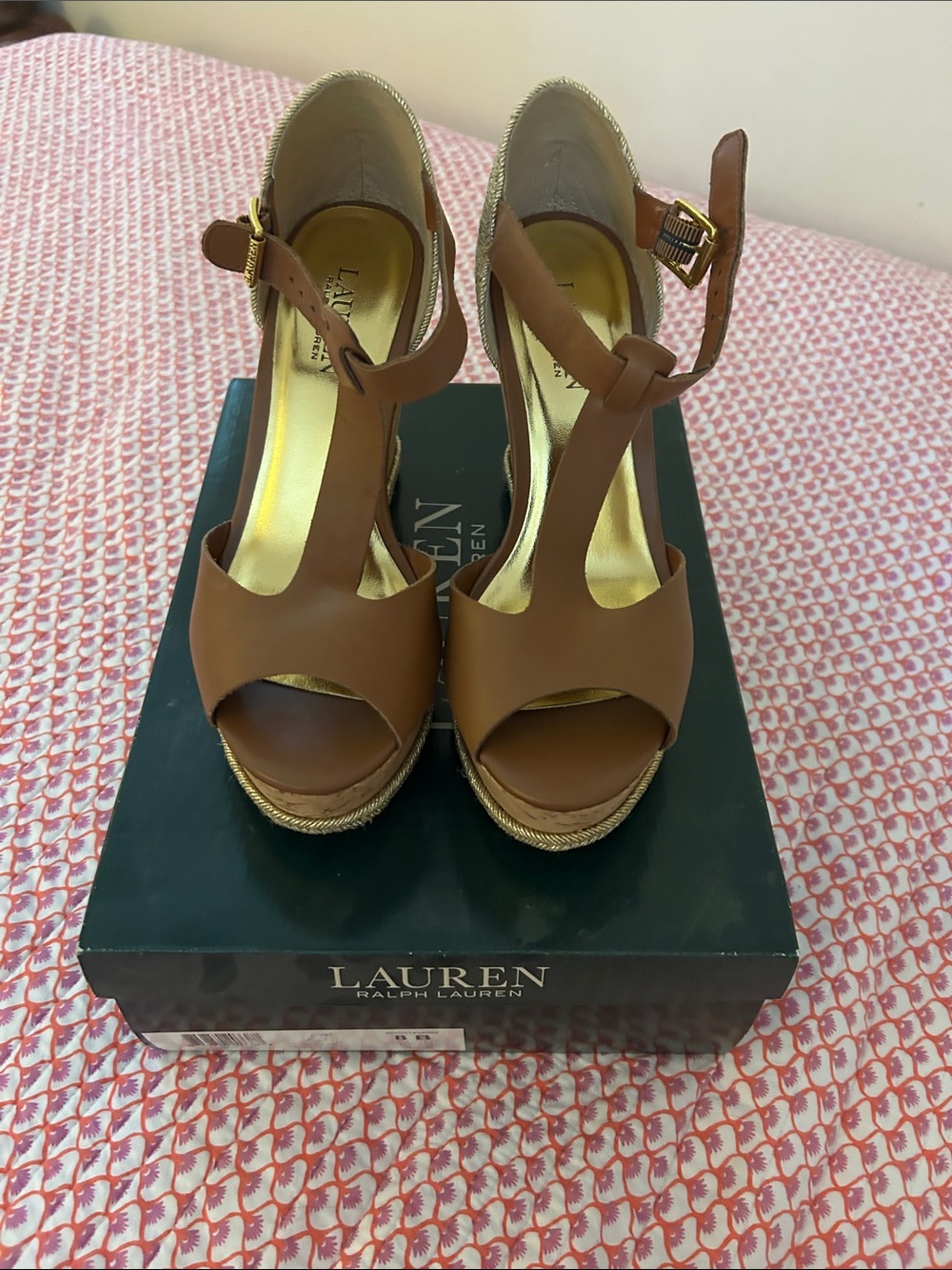 Lauren Ralph Lauren Cognac T-Strap Espadrille Wedge Sandals
